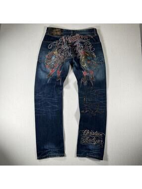 Christian Audiger Y2K 32 tattoo rhinestone denim jeans